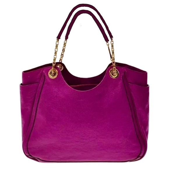 SALVATORE FERRAGAMO GANCINI Magenta Leather Betulla Shoulder Bag w/ Side Pockets - Picture 3 of 17